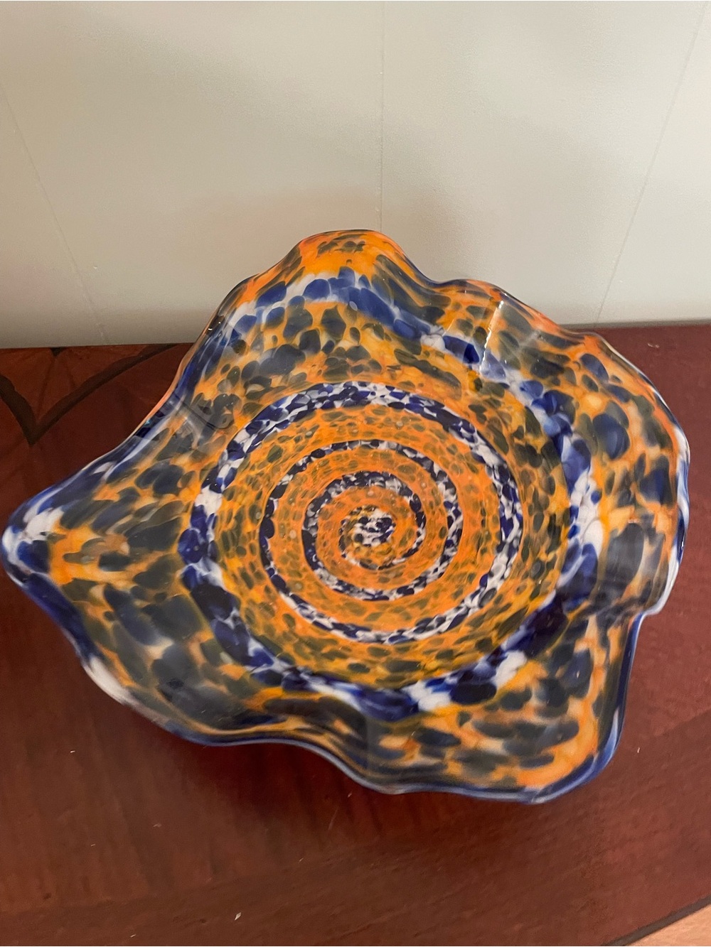 Vibrant Orange and Blue Swirl Decorative Glass Bowl